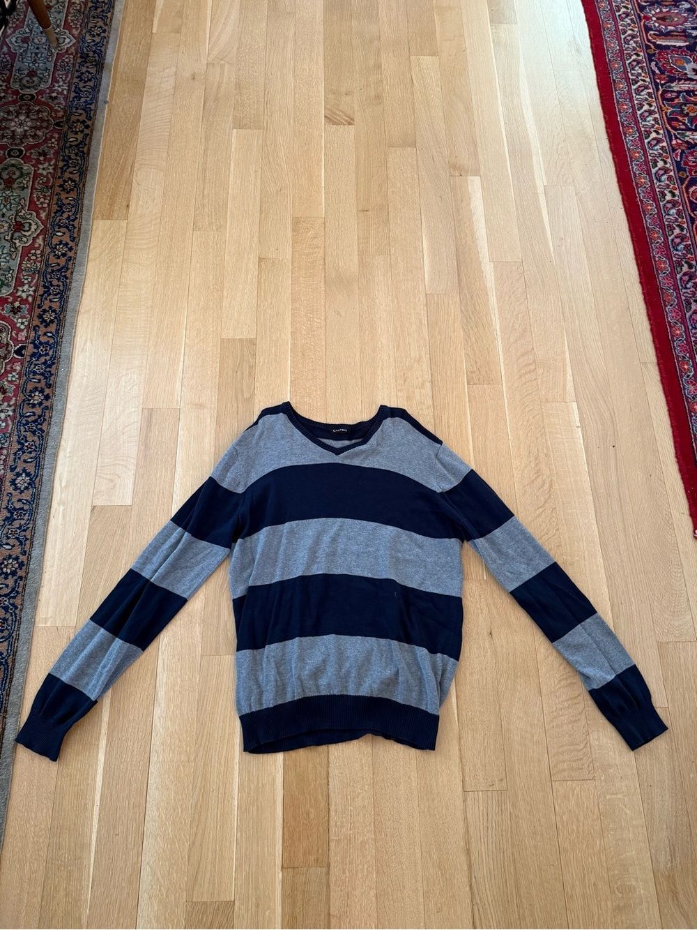 Striped V-Neck Sweater - Navy & Light Blue